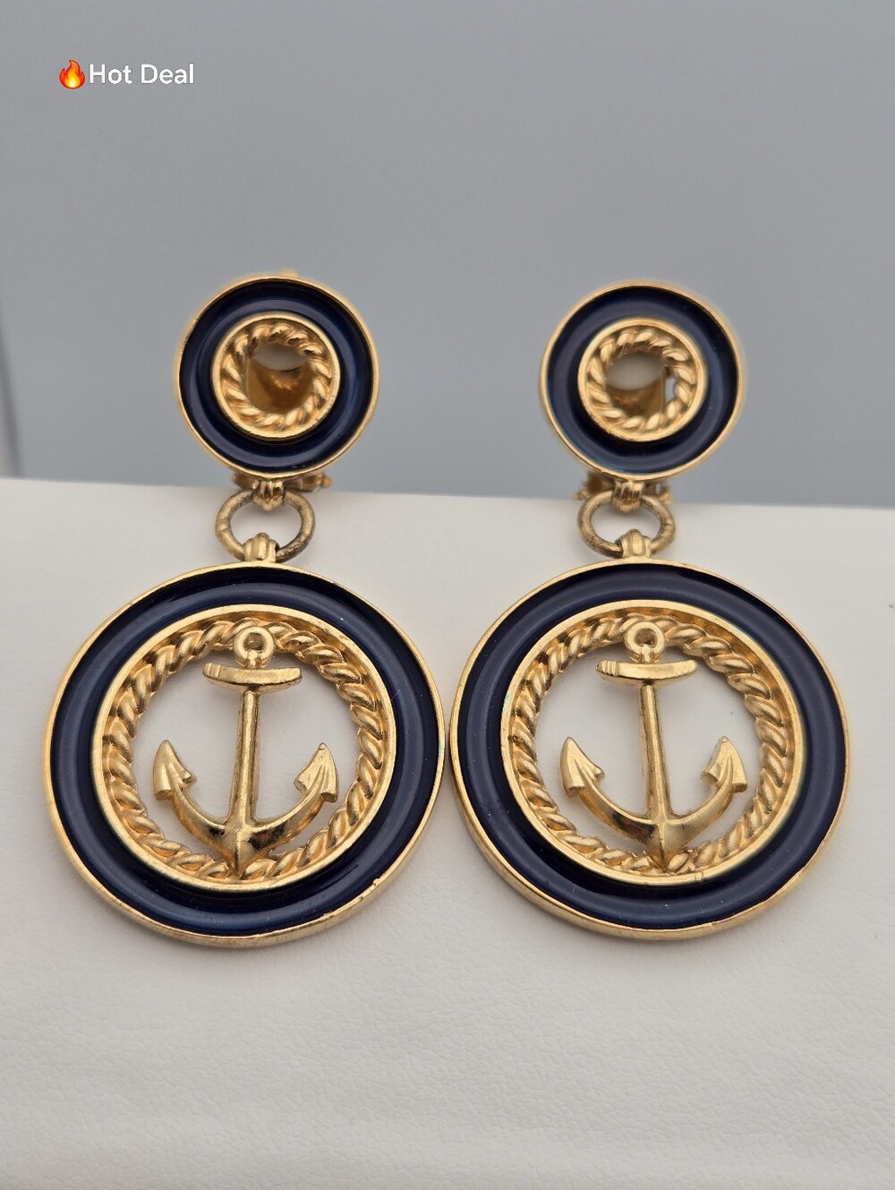 Butler Nautical Anchor Earrings Navy Blue Cream Enamel Gold Tone Dangle 2"